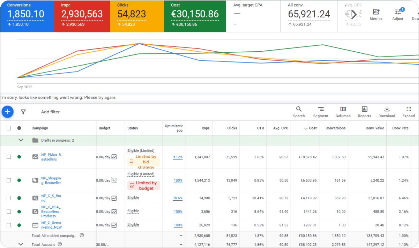 Google Ads account performance, Italian metabolic nutrition brand